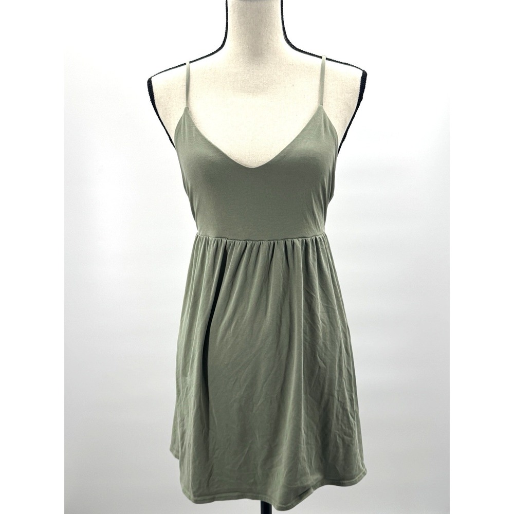 Women Medium Babydoll Dress Sage Skater Stretch Strappy Fairycore Earthy Neutral